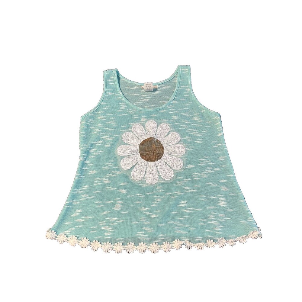 ENLIN Boutique Teal Tank Top Sequined Daisy & Embroidered Trim Size L